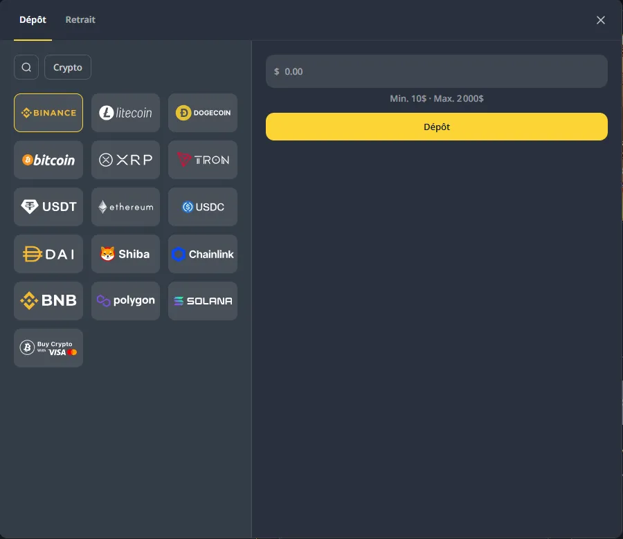 Options de dépôt crypto sur Cocobet